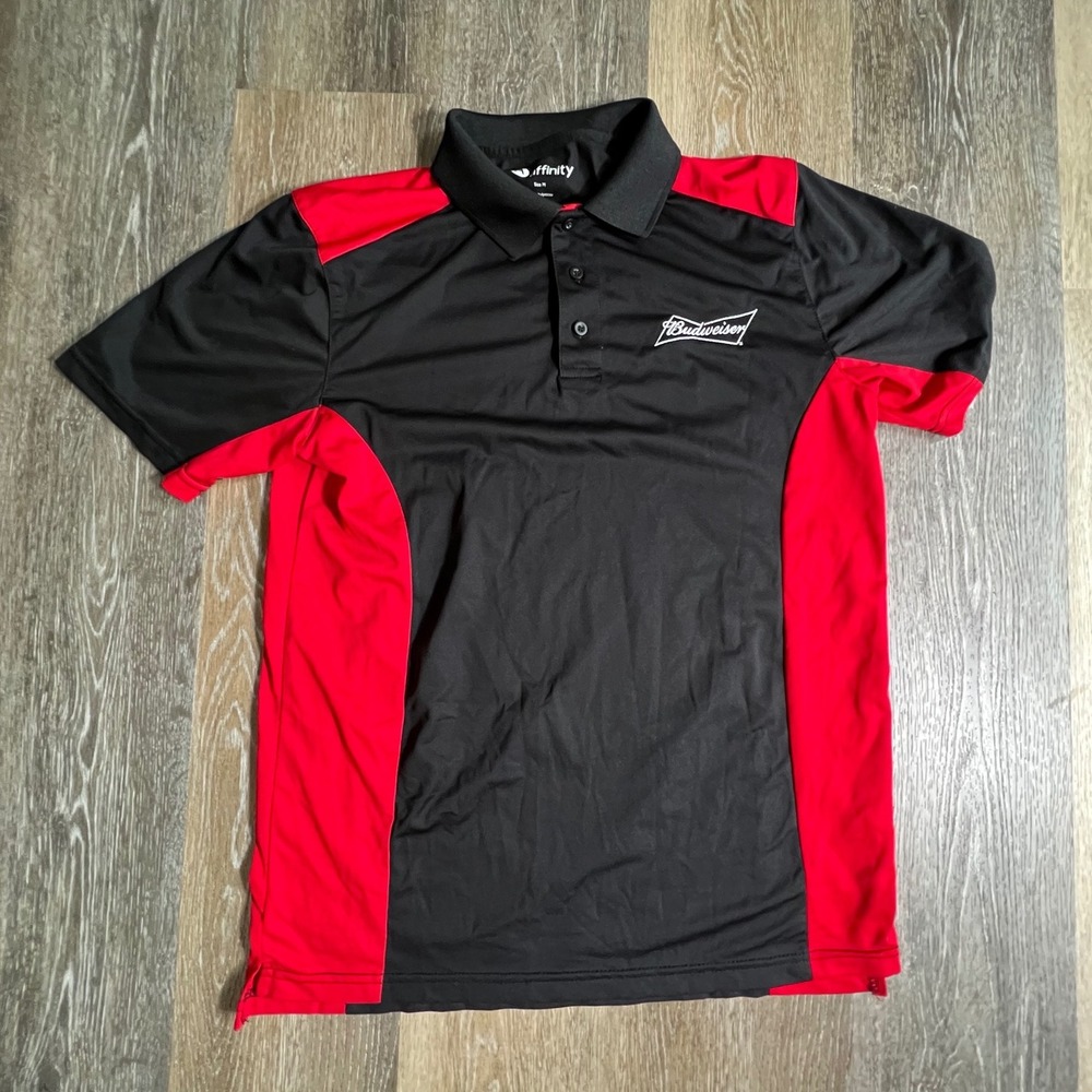 Affinity Budweiser Polo Shirt Mens Size M Black Red Colorblock Performance Logo